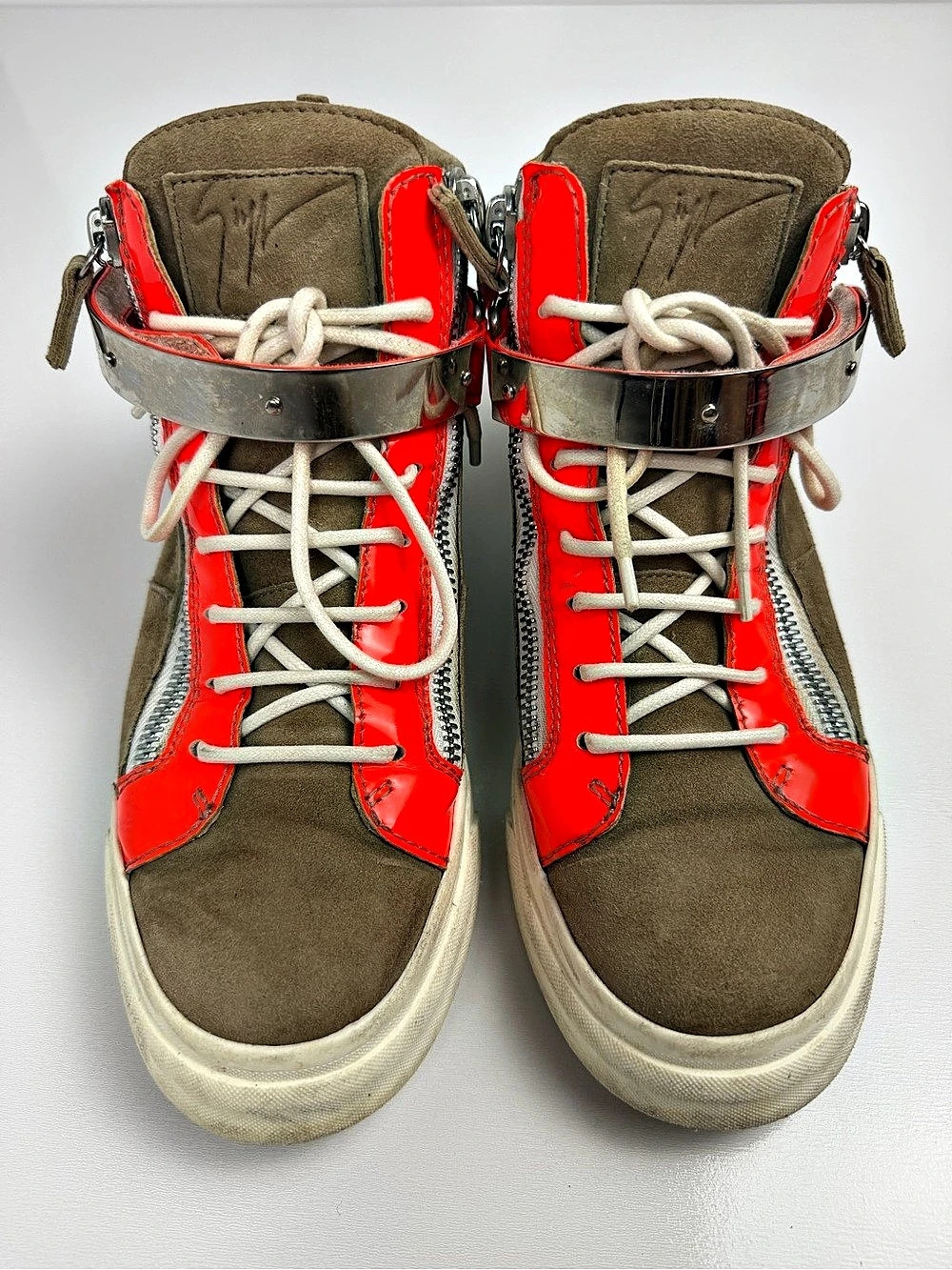 Giuseppe Zanotti High Top Sneakers 38 Neon Orange Suede Double Bar Zip